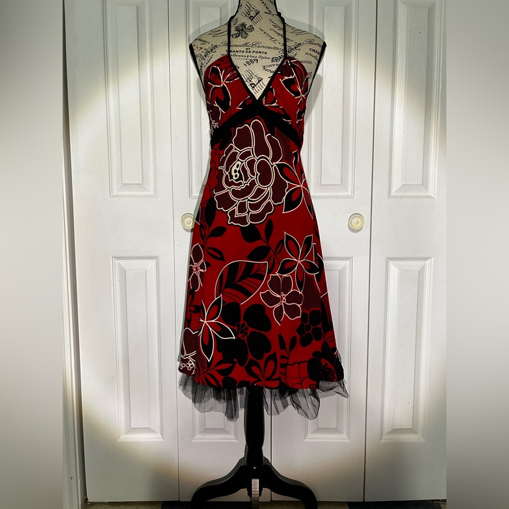 B Darlin Elegant Red and Black Haltered Midi Dress